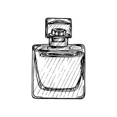 Perfume bottle - sketch illustration. Drawing in engraving style. Hand-drawn vector outline line art clipart, isolated