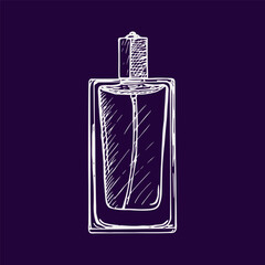 Perfume bottle with spray - sketch illustration. Drawing in engraving style. Hand-drawn vector outline line art clipart, isolated