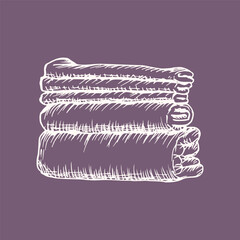 Pile of folded towels sketch drawing. Hand-drawn illustration in engraving style. Vector line art clipart, isolated