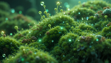 Fototapeta premium Vibrant green moss with water droplets and spores in a lush forest setting