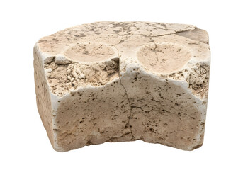 Antique stone block with two circular indentations isolated on transparent background, a weathered relic of architectural history and ancient craftsmanship