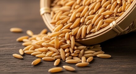 Obraz premium Golden paddy rice grains spilling from a woven basket onto a dark wooden table.