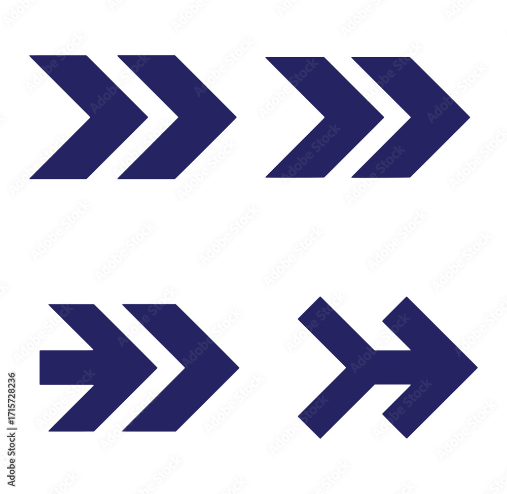 Aufkleber set of four simple vector arrows in dark blue pointing to the right on a white background