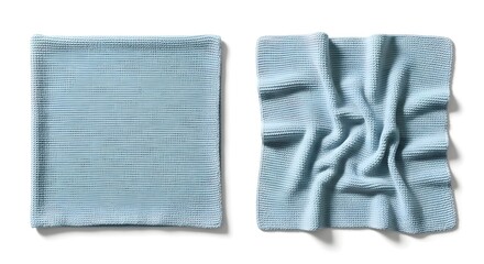 Fototapeta premium Textured Pair: Folded and Draped Pale Blue Knitted Blankets on White