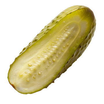 A single dill pickle spear cut in half lengthwise, revealing its juicy, textured interior with seeds, isolated on a transparent background, perfect for food photography