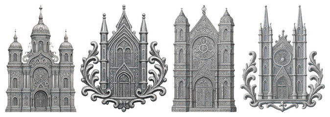 Obraz premium PNG Intricate silver cathedral designs, element set on transparent background