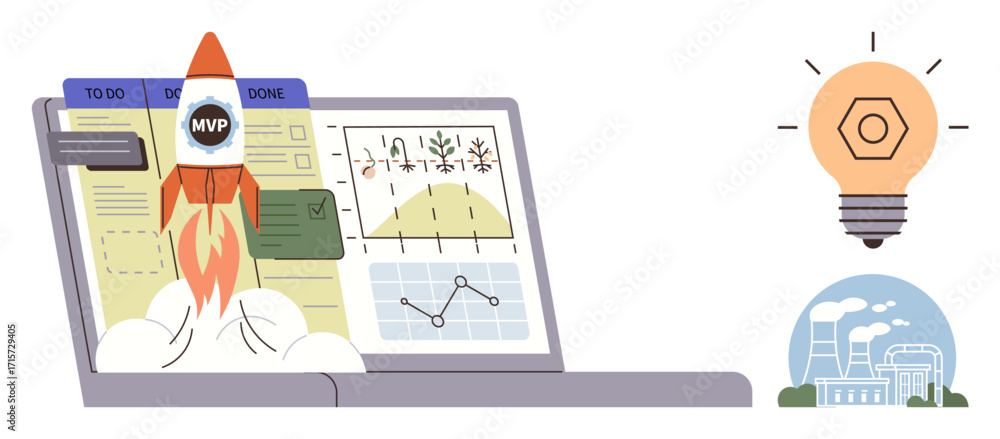 Poster rocket labeled mvp launching from laptop with charts and to-do list. lightbulb conveys ideas factory