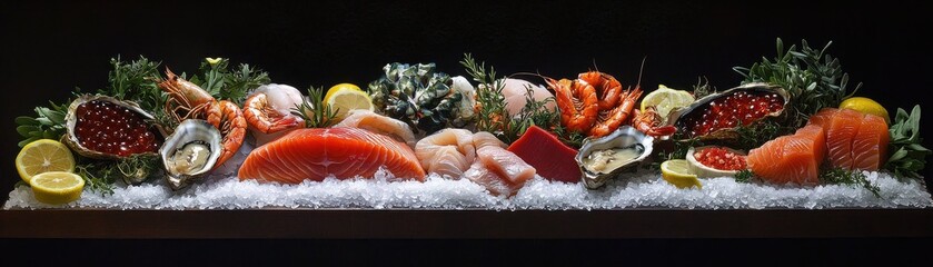Fresh Seafood Platter on Ice with Lemons and Herbs