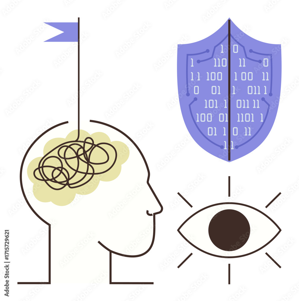 Aufkleber human brain with tangled lines beside a binary code shield and an eye. ideal for mental processes, c