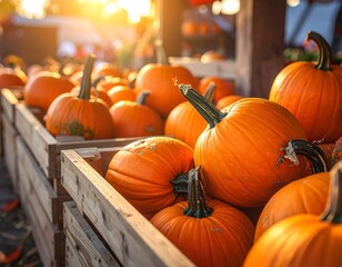 Pumpkins in wooden crates, fall sunlight