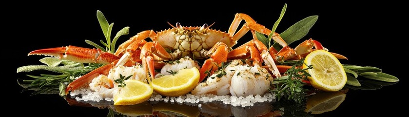 Fresh Seafood Crab with Lemon and Herbs on Salt Bed
