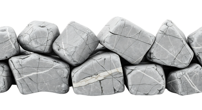 A row of gray stones isolated on transparent background, creating a natural border or decorative element with their smooth surfaces and unique patterns