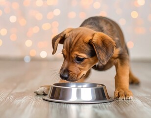 Puppy eating from a bowl in a warm interior
