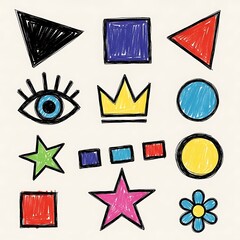 Colorful geometric shapes and symbols in bold, vibrant hues, drawn with a playful, childlike aesthetic.
