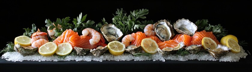 Fresh Seafood Platter with Salmon, Shrimp, Oysters, Lemon