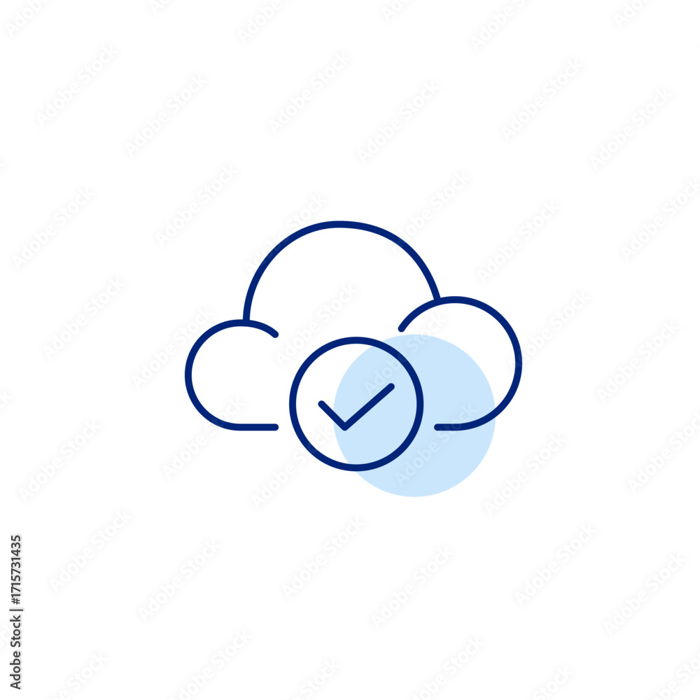 Poster cloud and checkmark. secure data access, verified virtual storage. pixel perfect, editable stroke ve