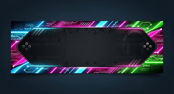 A vibrant, neon-lit graphic design featuring a dark panel framed by glowing circuits and headphones.