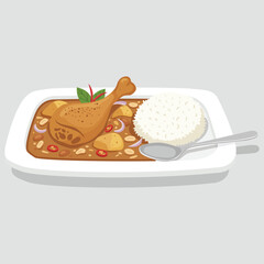 vector flat color of Thai food Massaman curry with a chicken drumstick, potatoes, and peanuts. with a side of white rice and a spoon