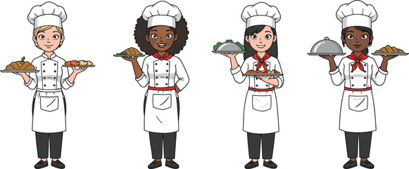 Cartoon female chefs holding dishes, restaurant workers, culinary professionals, cooking staff, gourmet food service, kitchen team, hospitality illustration, chef uniform characters