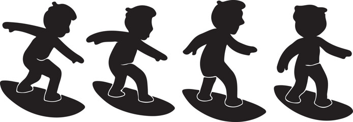 Surfer Silhouette Vector Set — Riding Wave, Balance Pose, Minimalist Flat Design