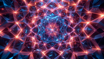 Abstract geometric kaleidoscope with red and blue lights creates a tunnel