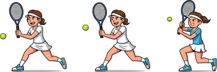 Cartoon tennis girl playing, female athlete hitting ball, sports illustration, tennis action pose, active lifestyle, children sports, healthy activity, fun