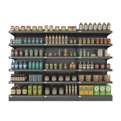Groceries on shelves in a vintage supermarket on transparent background