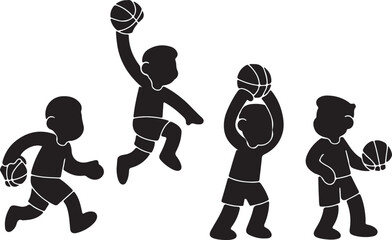 Basketball Player Silhouette Vector Set — Dribbling, Dunking, Shooting, Minimalist Flat Design © toomotion