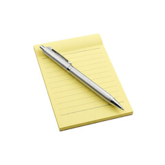 A metallic silver pen rests on a yellow notepad with ruled lines isolated on transparent background