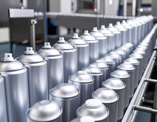 Obraz premium Silver spray paint cans on a conveyor belt in a factory