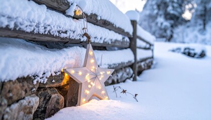 Naklejka premium Snowy Winter Scene with Star Decoration and Sparkling Lights