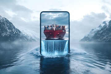 Surreal Smartphone Display: Container Ship Waterfall, Fjord Landscape, Moody Blue Tones