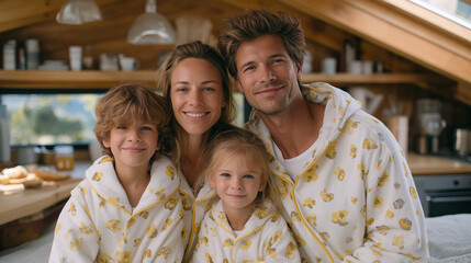 Family Breakfast Contentment: A family in pajamas enjoying pancakes with a syrup bottle a coffee mug and a bright kitchen with sunlight. high quality photo ultra high detail