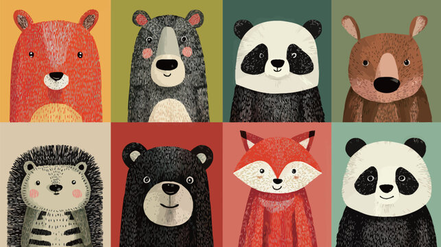 A collection of whimsical animal portraits featuring a bear, panda, fox, hedgehog, and more, created in vibrant colors. Each animal has a unique and playful expression.