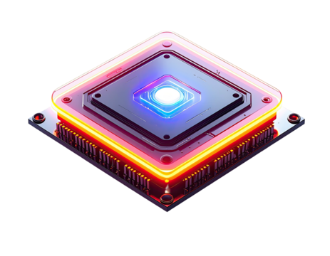 Square, glowing circuit board with central light