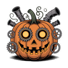 Steampunk pumpkin with gears and pipes for halloween on transparent background