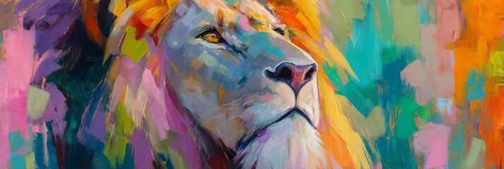 Majestic lion portrait with vibrant colors and textured brush strokes.