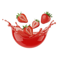 Fresh strawberries splashing into juice on black on transparent background