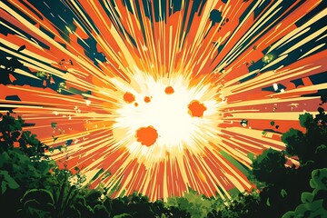 Abstract Bright Explosion; Energetic, Warm Color Palette; Comic Book Style;  Nature Background.