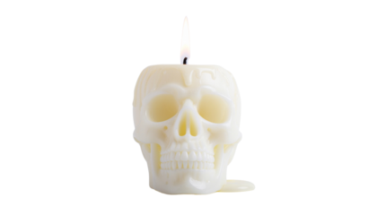 A white wax candle shaped like a human skull, with melted wax dripping down, isolated on transparent background