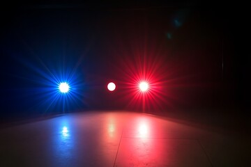 Dramatic Red and Blue Light Beams on Dark Floor, Intense Cinematic Lighting, Reflective Surface