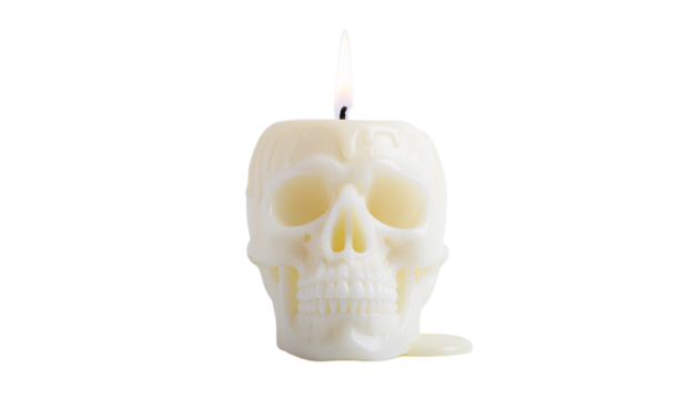 A white wax candle shaped like a human skull, with melted wax dripping down, isolated on transparent background