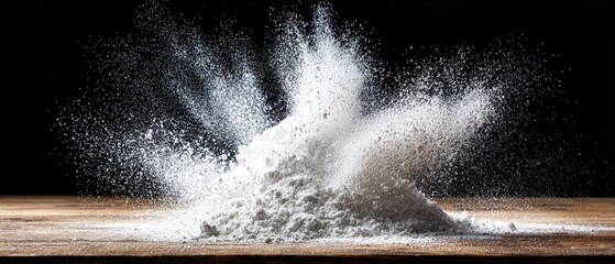 Dynamic explosion of white powder or dust splashing forcefully onto a dark surface creating dramatic visual effects and movement
