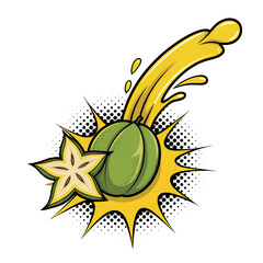 Sliced star fruit with juice splash cartoon art on transparent background