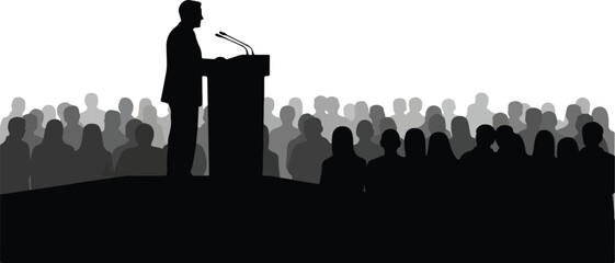 “Speaker Silhouette Vector Illustration – Black and White Side View of Public Speaking at Podium, Addressing Audience, Conference, Seminar, Workshop or Corporate Event, Leadership and Communication