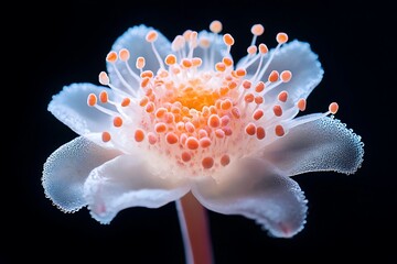 Macro Photography: Dew-Kissed White Flower with Coral Center, Dark Background, Serene Mood