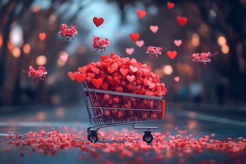 Romantic Shopping Cart Filled with Fluffy Red Hearts;  Surreal Valentine's Day Concept.