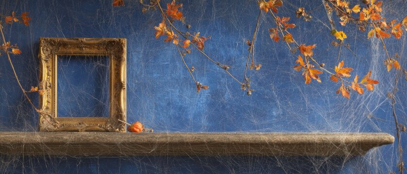 Decorative autumn scene with empty rustic golden frame, earthy branches, fallen leaves, textured blue wall, cozy seasonal ambiance