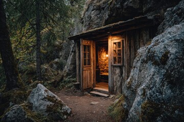 A rustic wooden cabin, partially built into a rock face within a dark, shadowy forest, glows warmly from within, inviting exploration. A dirt path leads to its open door