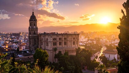 Obraz premium A breathtaking cityscape panorama at sunset, showcasing a grand cathedral and sprawling city below, bathed in warm golden hues.